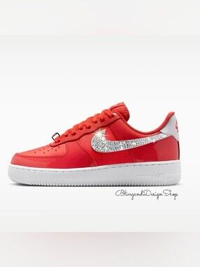Bling Nike Air Force 1 07 Womens Red White Shoes Customized With Crystals